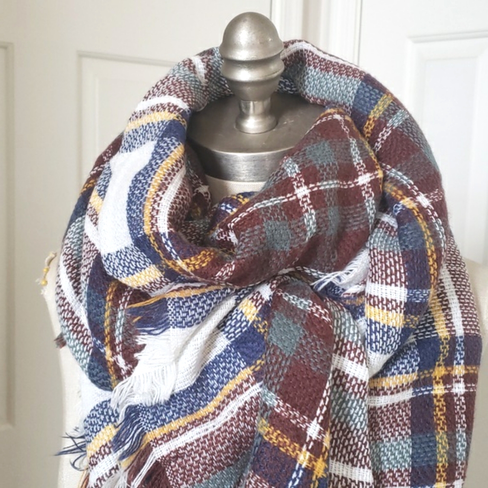 Oversized Plaid Blanket Scarf Square Fringe Cream Brown Green Blue 58x58 Wrap - Picture 5 of 10